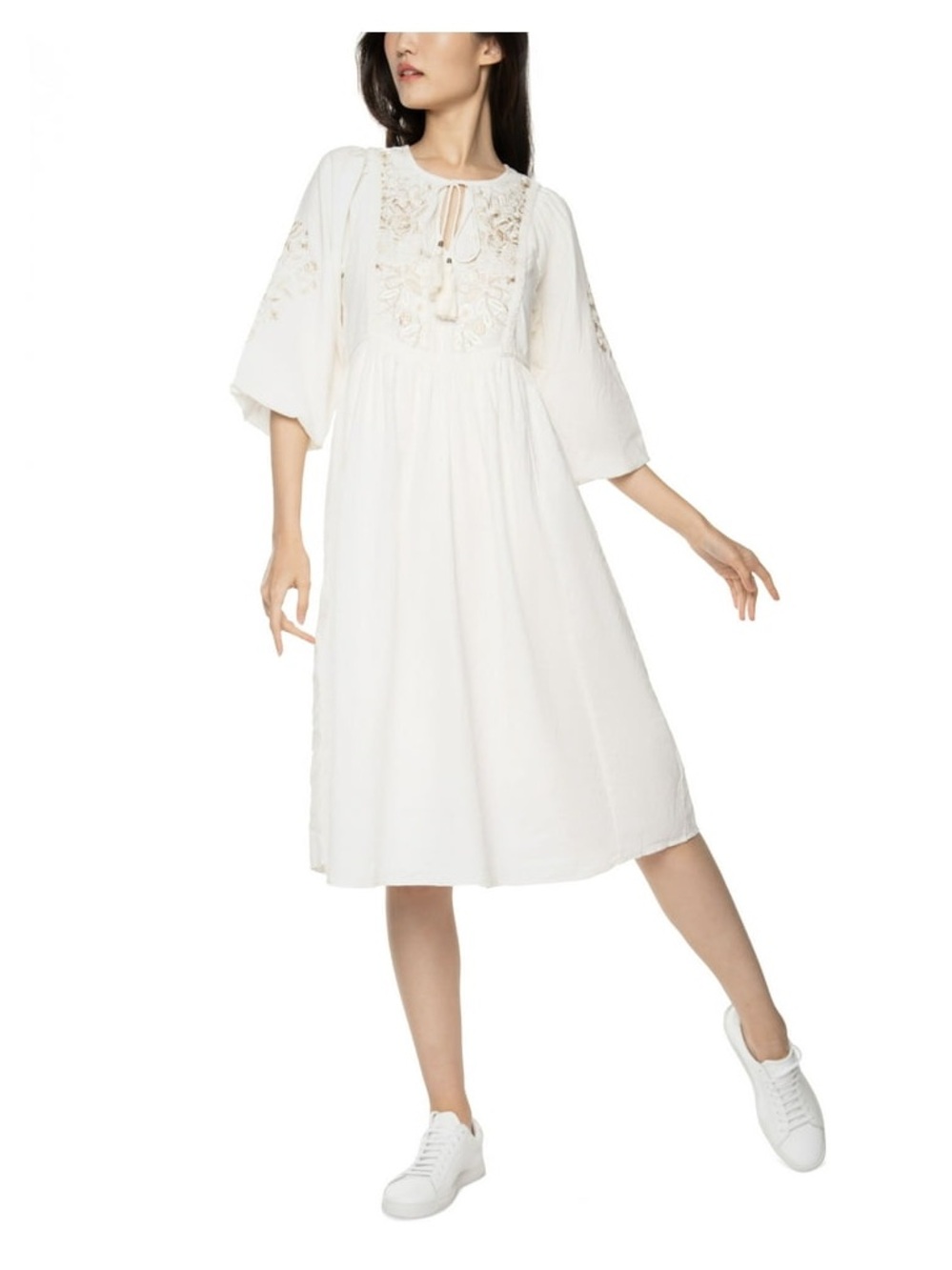 Black Tape_ White Embroidered Midi Dress with Tassel Tie